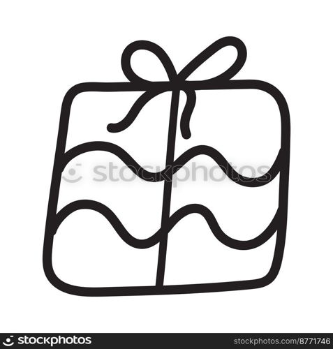 Gift with wavy lines in style of doodle. Vector isolated image for use in festive design. Gift with wavy lines in style of doodle