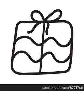 Gift with wavy lines in style of doodle. Vector isolated image for use in festive design. Gift with wavy lines in style of doodle