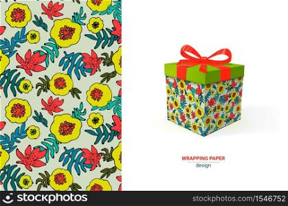 Gift wrapping design. Floral seamless pattern. Box template with example of usage, pattern in swatches. Colorfull wrapping paper, cards, wallpapers, scrapbooking, print, manufacturing, textile Vector. Elegant seamless pattern with hand drawn decorative flowers, design elements. Floral pattern for wedding invitations, cards, wallpapers, scrapbooking, print, gift wrap, manufacturing. Embroidery
