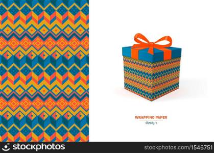 Gift wrapping design. Geometric azec seamless pattern. Isometric box template with example of usage, pattern in swatches. Wrapping paper Pattern for wedding invitations, cards, wallpapers, scrapbooking, print, gift wrap, manufacturing, textile. Vector illustration. Elegant seamless pattern with hand drawn decorative flowers, design elements. Floral pattern for wedding invitations, cards, wallpapers, scrapbooking, print, gift wrap, manufacturing. Embroidery