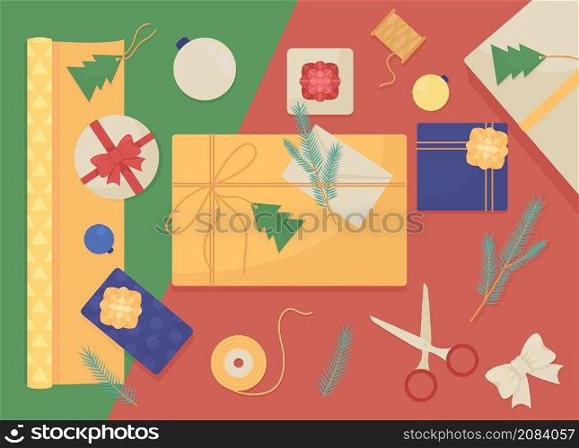 Gift wrapping flat color vector illustration. Present with ribbon bows and festive paper. Christmas gift preparation. Top view 2D cartoon illustration with desktop on background collection. Gift wrapping flat color vector illustration