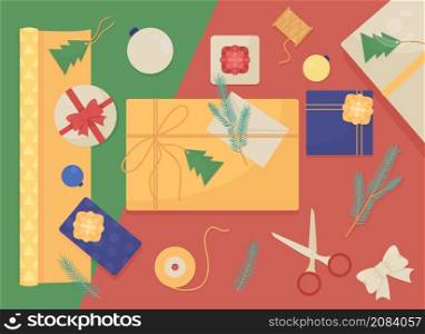 Gift wrapping flat color vector illustration. Present with ribbon bows and festive paper. Christmas gift preparation. Top view 2D cartoon illustration with desktop on background collection. Gift wrapping flat color vector illustration