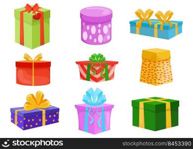 Gift wraps set. Colorful present boxes with ribbons and bows for Christmas, New Year or birthday party. Vector illustrations for holiday, surprise, festive event concept