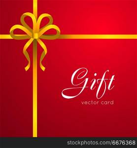 Gift. Yellow Narrow Ribbon. Bow with Four Petals. Gift card vector illustration. Luxury narrow gift bow with yellow ribbon and space frame for text, gift wrapping template for banner, poster design. Decoration. Simple cartoon style. Flat design