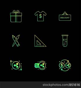 giftbox , dollar, shirt ,discount , scale, beaker , brush , icon, vector, design, flat, collection, style, creative, icons
