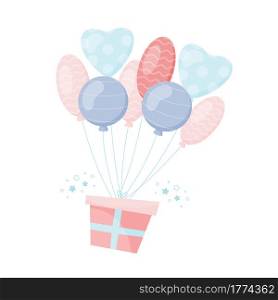 Giftbox flying on air balloons. Birthday card. vector illustration