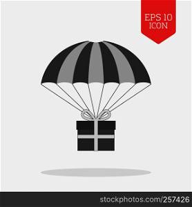 Giftbox on parachute icon, bonus concept. Flat design gray color symbol. Modern UI web navigation, sign. Illustration element