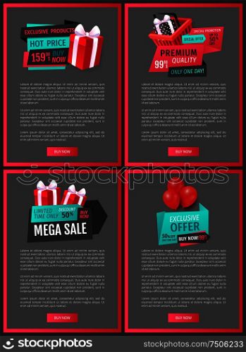 Giftbox with bow, saving money by buying presents on discounts offer, promo banners. Hot price, buy now exclusive product on sale web pages template vector.. Giftbox with Bow, Saving Money by Buying Presents