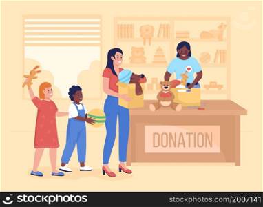 Gifting children donated toys flat color vector illustration. Childcare and social service. Volunteer with happy kids 2D cartoon characters with non profit organization interior on background. Gifting children donated toys flat color vector illustration