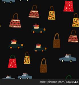 Gifts, bags, cars delivering presents in seamless pattern on black background. Web, wrapping paper, background fill.. Gifts, bags, cars delivering presents in seamless pattern on black background