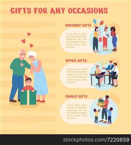 Gifts for any occasion flat color vector infographic template. Birthday present. Poster with text, PPT page concept design with cartoon characters. Creative data visualization. Info banner idea. Gifts for any occasion flat color vector infographic template