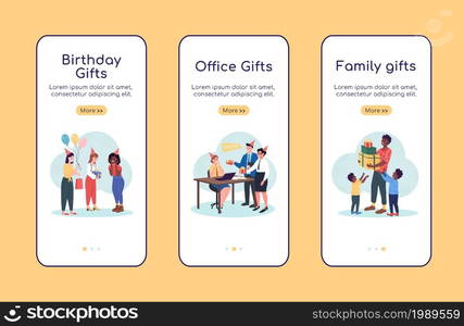 Gifts for any occasion onboarding mobile app screen flat vector template. Walkthrough website 3 steps with characters. Creative UX, UI, GUI smartphone cartoon interface, case prints set. Gifts for any occasion onboarding mobile app screen flat vector template