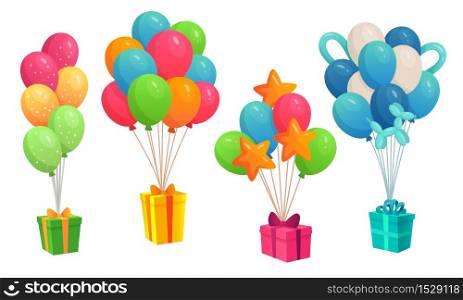 Gifts hanging on colorful balloons bunch. Boxes of different color and shape with ribbon bow for birthday present or celebration. Happy event decor for children vector illustration. Gifts hanging on colorful balloons bunch. Boxes of different color and shape with ribbon bow for birthday