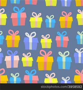 Gifts seamless pattern. Vector background of colored boxes with gifts. Ornament for a greeting card and Christmas.&#xA;