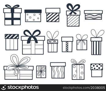 Gifts set is isolated vector illustration. Decorated gift boxes with bows and ribbons. Collection of doodle gifts, hand drawn. Gifts set is isolated vector illustration