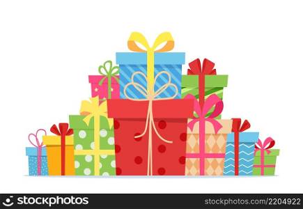 Gifts with bows and ribbons. Stack of colorful present gift boxes. Set of wrapped gift boxes isolated on white background. Sale and shopping concept. Vector illustration in flat style. Gifts with bows and ribbons.