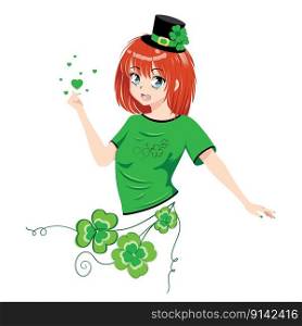 Ginger anime girl in green shirt with shamrock, St. Patricks Day themed illustration.