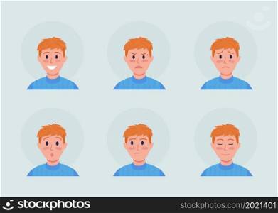 Ginger boy with different emotions semi flat color vector character avatar set. Portrait from front view. Isolated modern cartoon style illustration for graphic design and animation pack. Ginger boy with different emotions semi flat color vector character avatar set