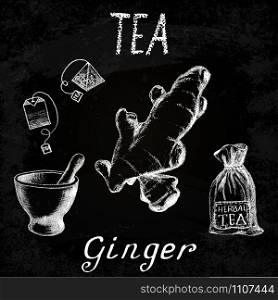Ginger herbal tea. Chalk board set of vector elements on the basis hand pencil drawings. Ginger root, tea bag, mortar and pestle, textile bag. For labeling, packaging, printed products. Ginger herbal tea. Chalk board set of vector elements