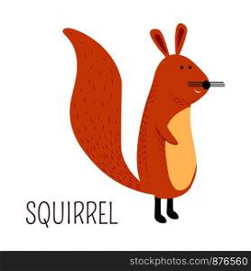 Ginger squirrel childish cartoon book character. Forest tiny animal with big fluffy tail that lives on trees. Mammal with soft fur and small whiskers from rodent family isolated vector illustration.. Ginger squirrel childish cartoon book character