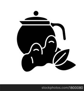 Ginger tea black glyph icon. Ginger tea with lemon and honey. Rich in vitamins soothing beverage. Flavoured drink boosts immunity. Silhouette symbol on white space. Vector isolated illustration. Ginger tea black glyph icon
