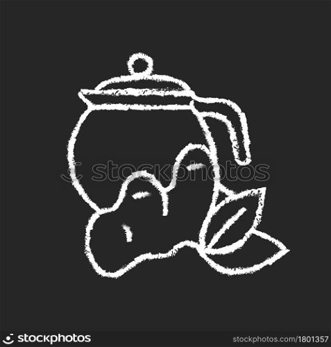 Ginger tea chalk white icon on dark background. Ginger tea with lemon and honey. Rich in vitamins beverage. Flavoured and spicy drink boosts immunity. Isolated vector chalkboard illustration on black. Ginger tea chalk white icon on dark background