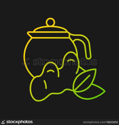 Ginger tea gradient vector icon for dark theme. Ginger tea with lemon, honey. Flavoured and spicy drink boosts immunity. Thin line color symbol. Modern style pictogram. Vector isolated outline drawing. Ginger tea gradient vector icon for dark theme