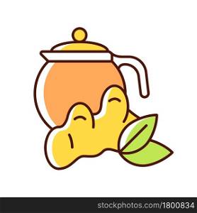 Ginger tea RGB color icon. Ginger tea with lemon and honey. Rich in vitamins soothing beverage. Flavoured and spicy drink boosts immunity. Isolated vector illustration. Simple filled line drawing. Ginger tea RGB color icon