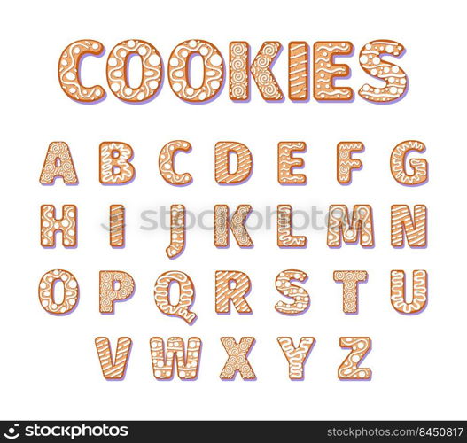 Gingerbread alphabet. Christmas holiday letters xmas cookies alphabet decorated symbols garish vector pictures of biscuits. Illustration of abc and alphabet. Gingerbread alphabet. Christmas holiday letters xmas cookies alphabet decorated symbols garish vector pictures of biscuits