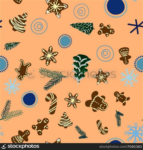 Gingerbread biscuits, pine trees and pine tree twigs seamless pattern on beige background. Flat style illustration. Greeting card, poster, design element. . Gingerbread biscuits, pine trees and pine tree twigs seamless pattern on beige background