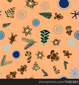 Gingerbread biscuits, pine trees and pine tree twigs seamless pattern on beige background. Flat style illustration. Greeting card, poster, design element. . Gingerbread biscuits, pine trees and pine tree twigs seamless pattern on beige background