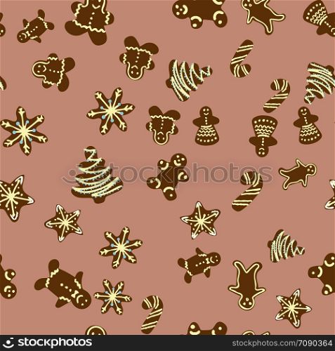 Gingerbread biscuits seamless pattern on pink background. Flat style illustration. Greeting card, poster, design element. . Gingerbread biscuits seamless pattern on pink background