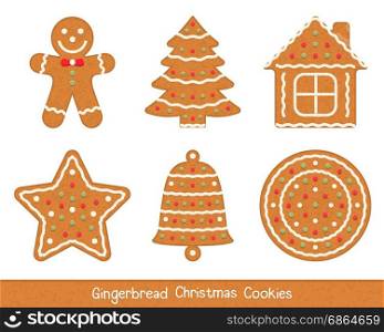 Gingerbread Christmas Cookies. Set of gingerbread Christmas cookies - man, tree, house, star, bell and circle, vector eps10 illustration
