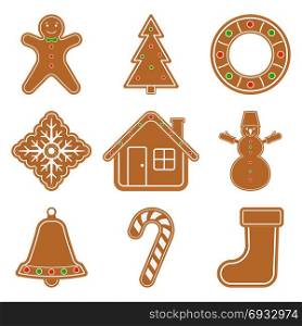 Gingerbread Christmas cookies. Vector illustration of gingerbread Christmas objects isolated on white background. Glazed cookie set in flat style.