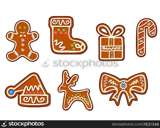 Gingerbread christmas holiday objects set isolated on white
