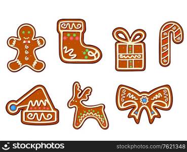 Gingerbread christmas holiday objects set isolated on white