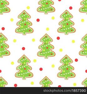 Gingerbread Christmas tree new year pattern. Festive background with cookies. Baking decorated trees and balls. Seamless template for wallpaper, packaging and design, vector illustration.. Gingerbread Christmas tree new year pattern.