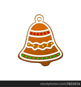 Gingerbread cookie jingle bell isolated Christmas sweets. Vector baked biscuit dessert, homemade Xmas snack. Bell shape Christmas cookie isolated