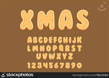 Gingerbread Cookies alphabet font. Cartoon letters and numbers with icing sugar covering. Vector illustration for your design.