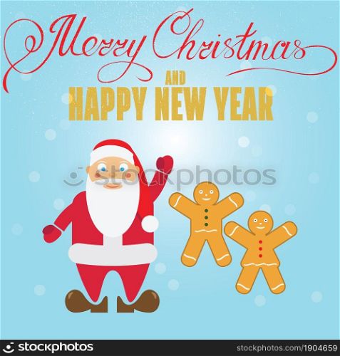 Gingerbread cookies and Santa Claus. Christmas greeting card. Vector illustration.