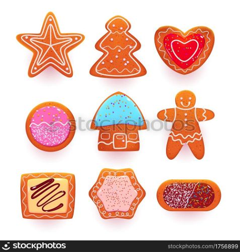 Gingerbread cookies, cartoon sweets in shape of star, christmas tree and heart, ginger man and house. Decorated pastry with icing and sprinkles isolated on white background, Vector illustration, set. Gingerbread cookies, cartoon sweets vector set