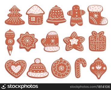 Gingerbread cookies. Christmas bread, ornament ginger biscuits with glaze decoration. Isolated holiday sweet cakes, xmas pastry vector set. Collection gingerbread, christmas sweet food illustration. Gingerbread cookies. Christmas bread, ornament ginger biscuits with glaze decoration. Isolated holiday sweet cakes, xmas pastry vector set