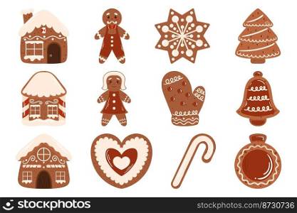 Gingerbread cookies collection. Winter traditional decorated set of sweets in shape house and star, Christmas tree and bell, gingerbread man and wooman, heart, ball and mitten.. Gingerbread cookies collection. Winter traditional decorated set of sweets in shape house and star, Christmas tree and bell, gingerbread man and wooman, heart, ball and mitten