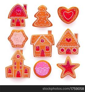 Gingerbread cookies for Christmas in shape of house, tree, heart and star. Vector cartoon set of ginger bread biscuits with sugar icing. Traditional Xmas pastry isolated on white background. Christmas gingerbread cookies with sugar icing
