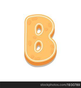 Gingerbread Cookies letter B. Cartoon letter with icing sugar covering. Vector illustration for your design.