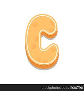 Gingerbread Cookies letter C. Cartoon letter with icing sugar covering. Vector illustration for your design.