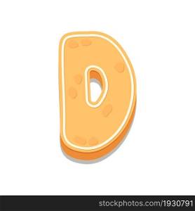 Gingerbread Cookies letter D. Cartoon letter with icing sugar covering. Vector illustration for your design.