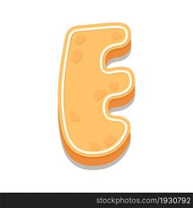 Gingerbread Cookies letter E. Cartoon letter with icing sugar covering. Vector illustration for your design.