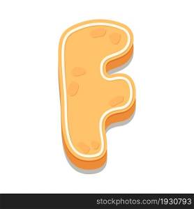 Gingerbread Cookies letter F. Cartoon letter with icing sugar covering. Vector illustration for your design.