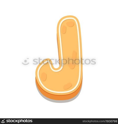 Gingerbread Cookies letter J. Cartoon letter with icing sugar covering. Vector illustration for your design.